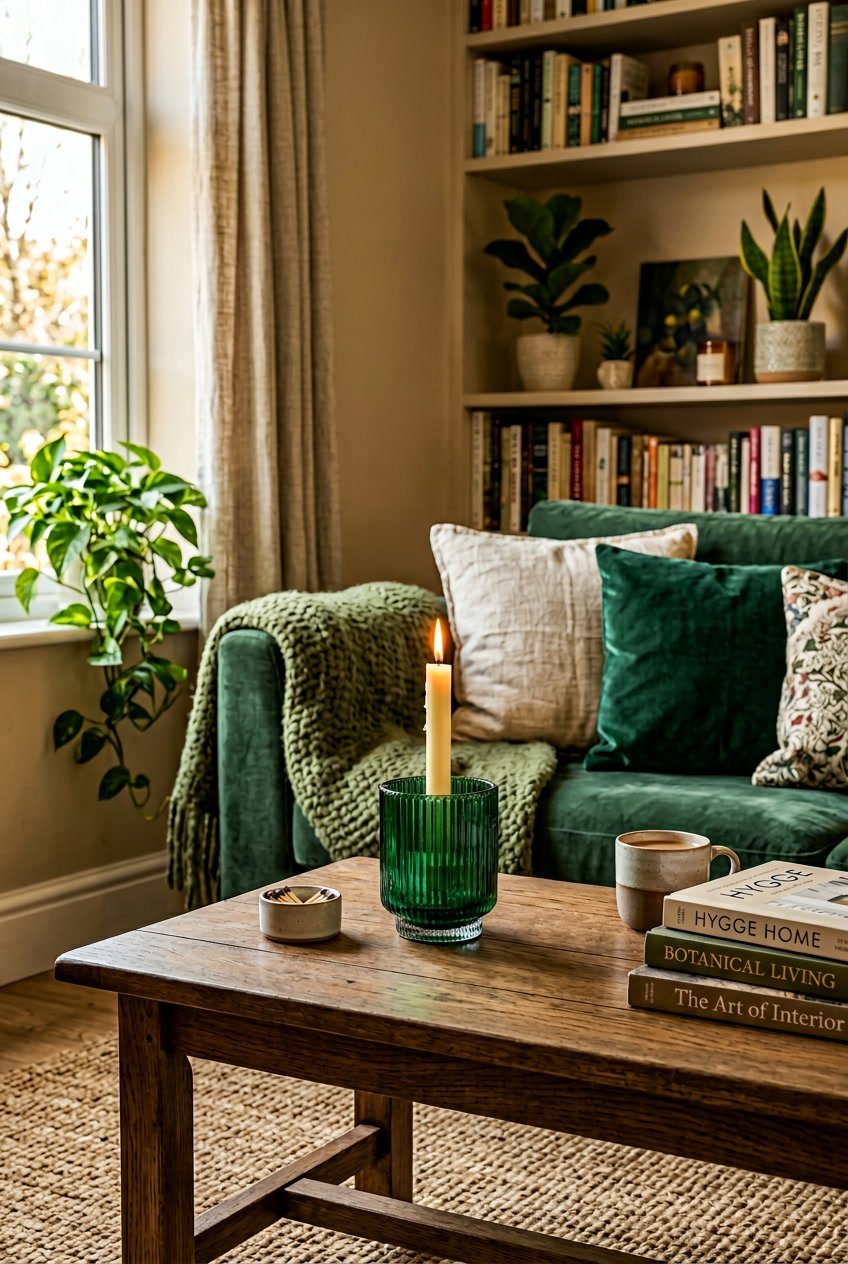 Ein Wohnzimmer mit einem smaragdgrünen Kerzenhalter auf einem Tisch, umgeben von gemütlichen Möbeln und Pflanzen.