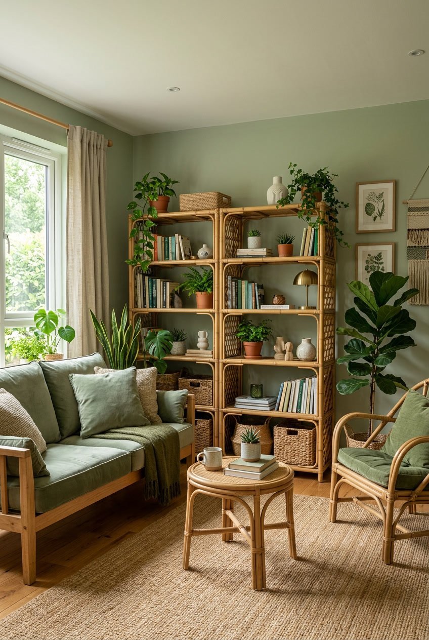 Gemütliches Wohnzimmer mit Bambus- oder Rattangestell, grünen Pflanzen und natürlicher Einrichtung.