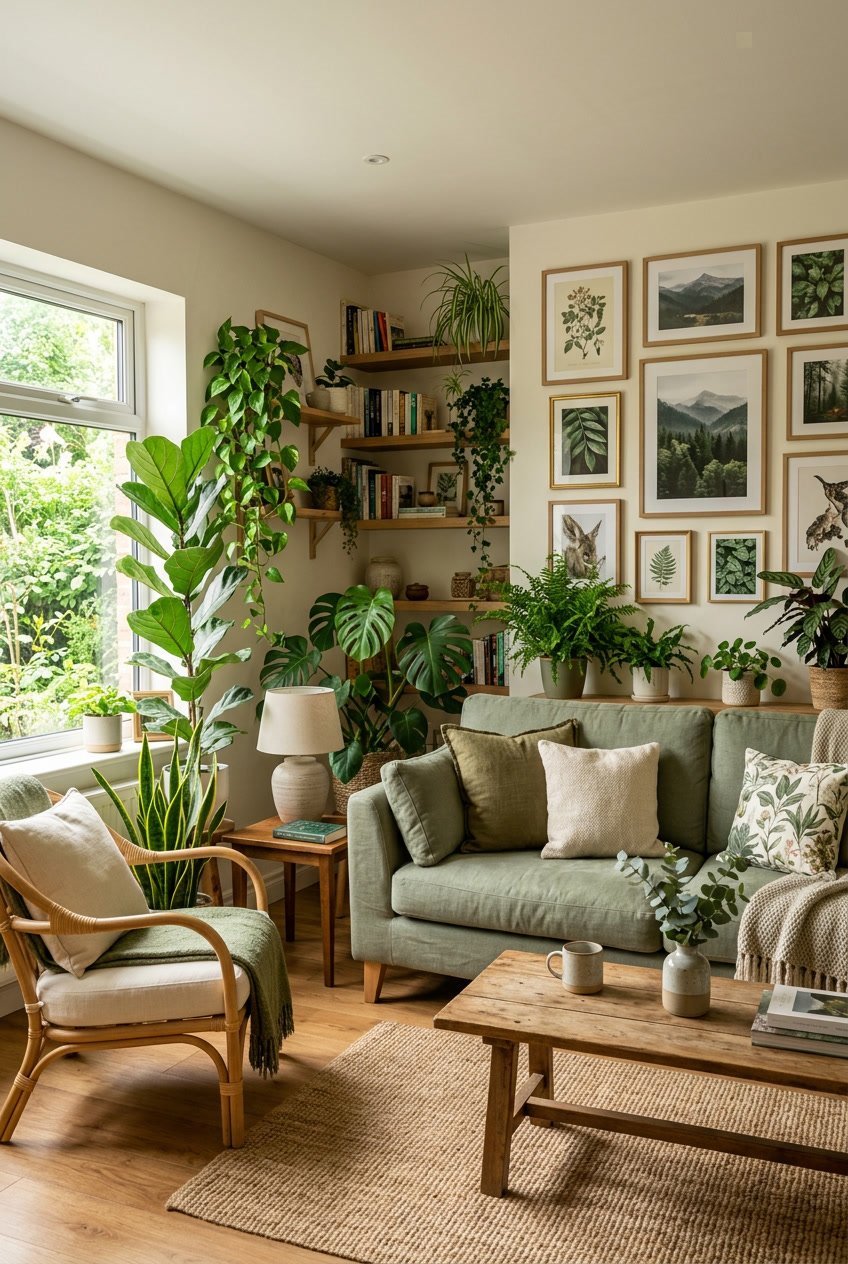 Gemütliches Wohnzimmer mit vielen grünen Pflanzen, Naturbildern an der Wand und Möbeln in Grüntönen.