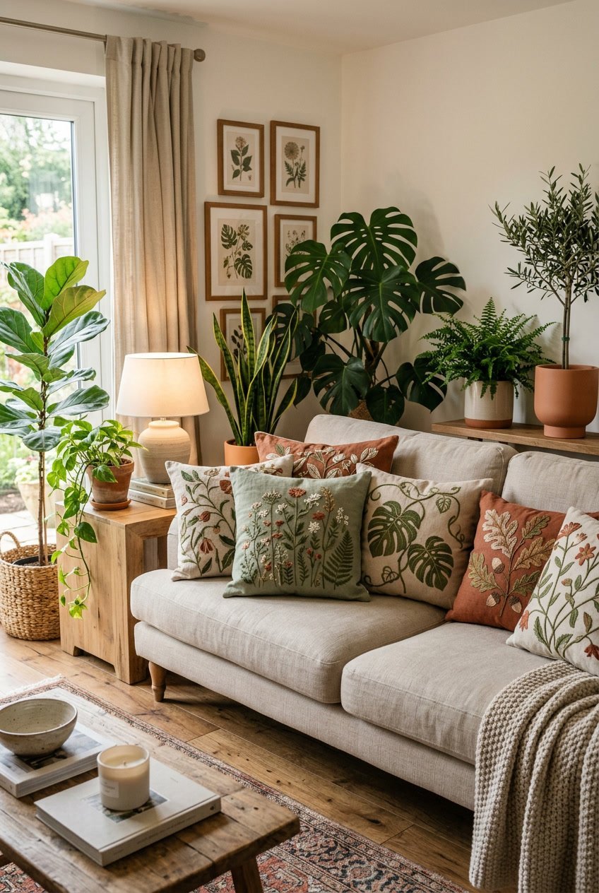 Gemütliches Wohnzimmer mit einem Sofa, auf dem Kissen mit Pflanzenstickereien liegen, umgeben von grünen Zimmerpflanzen.