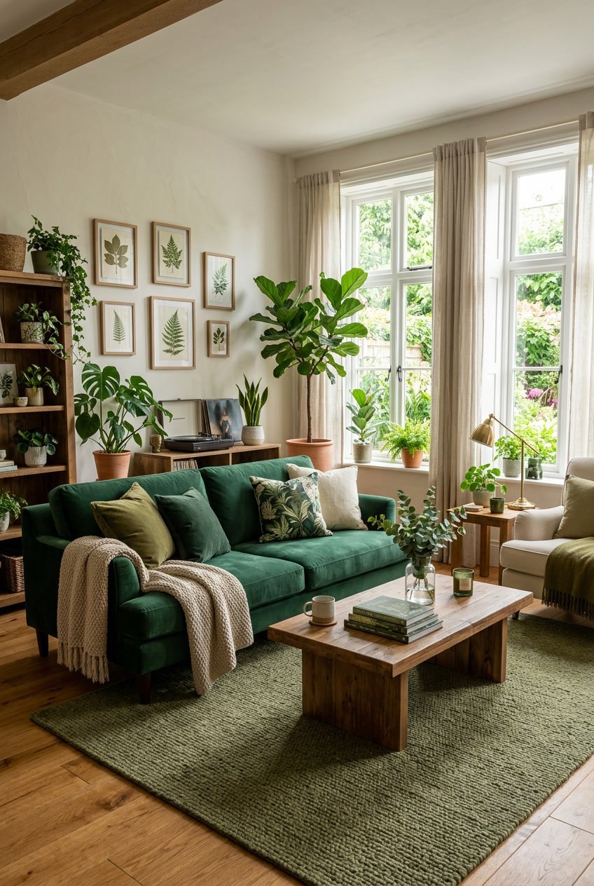 Gemütliches Wohnzimmer mit grüner Einrichtung, Pflanzen und natürlichem Licht.