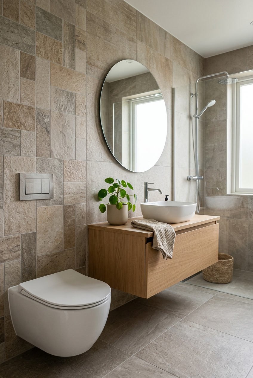 Ein modernes Gäste-WC mit Wandfliesen in Naturtönen, einem weißen WC, einem kleinen Holzwaschtisch und einer Pflanze.