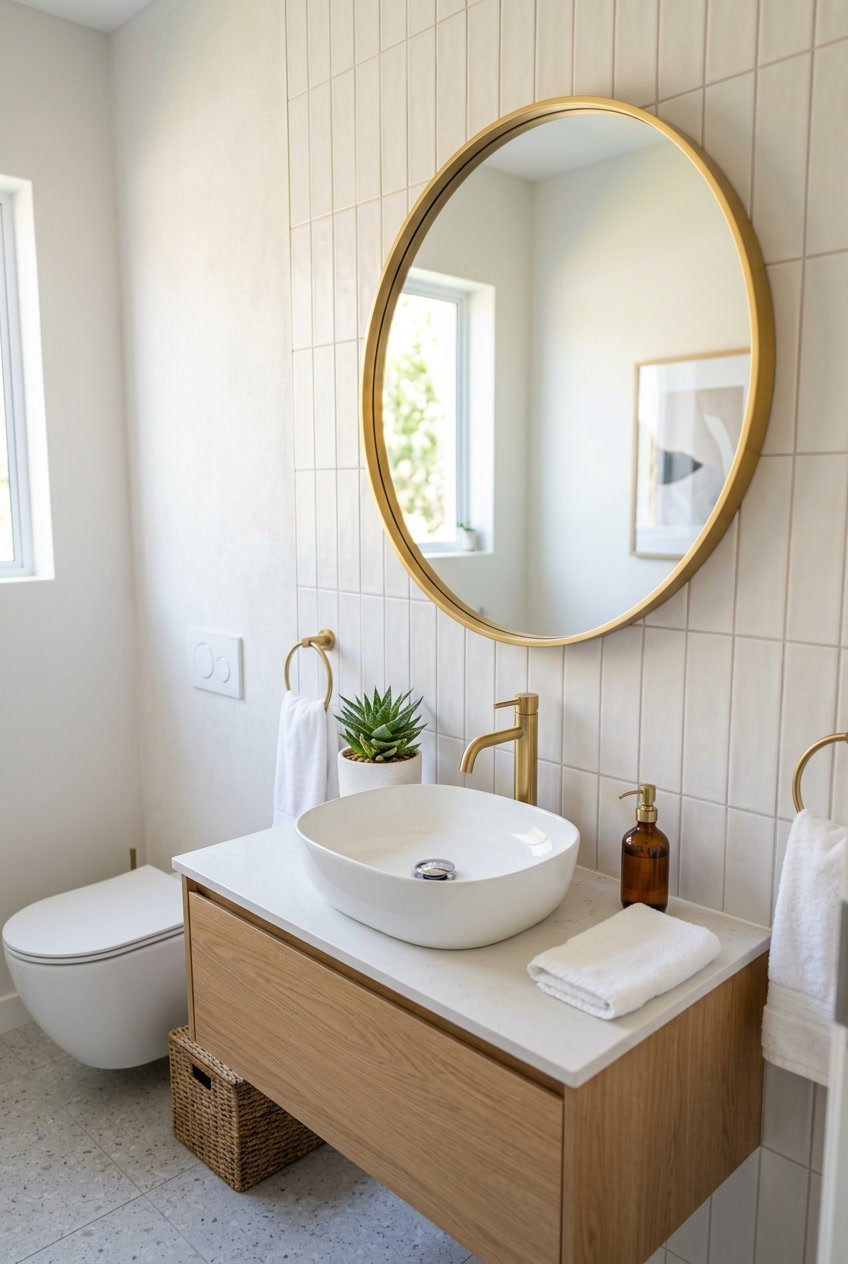 Ein modernes Gäste-WC mit einem runden Spiegel mit goldfarbenem Rahmen über einem weißen Waschbecken.