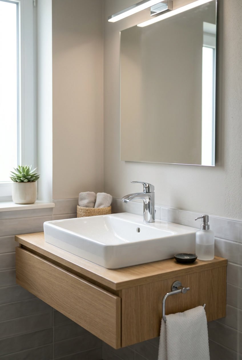 Kleines Waschbecken mit schlichter Armatur in einem Gäste-WC.