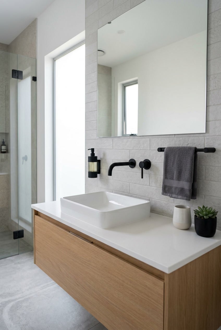 Ein modernes Gäste-WC mit schwarzen Armaturen, einem weißen Waschbecken und minimalistischem Design.