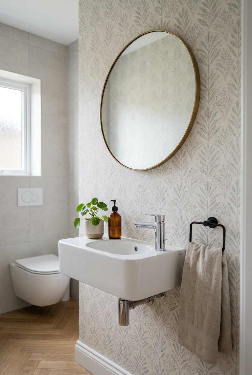 Ein modernes Gäste-WC mit einem kleinen Waschbecken, rundem Spiegel und dezent gemusterter Wandtapete.