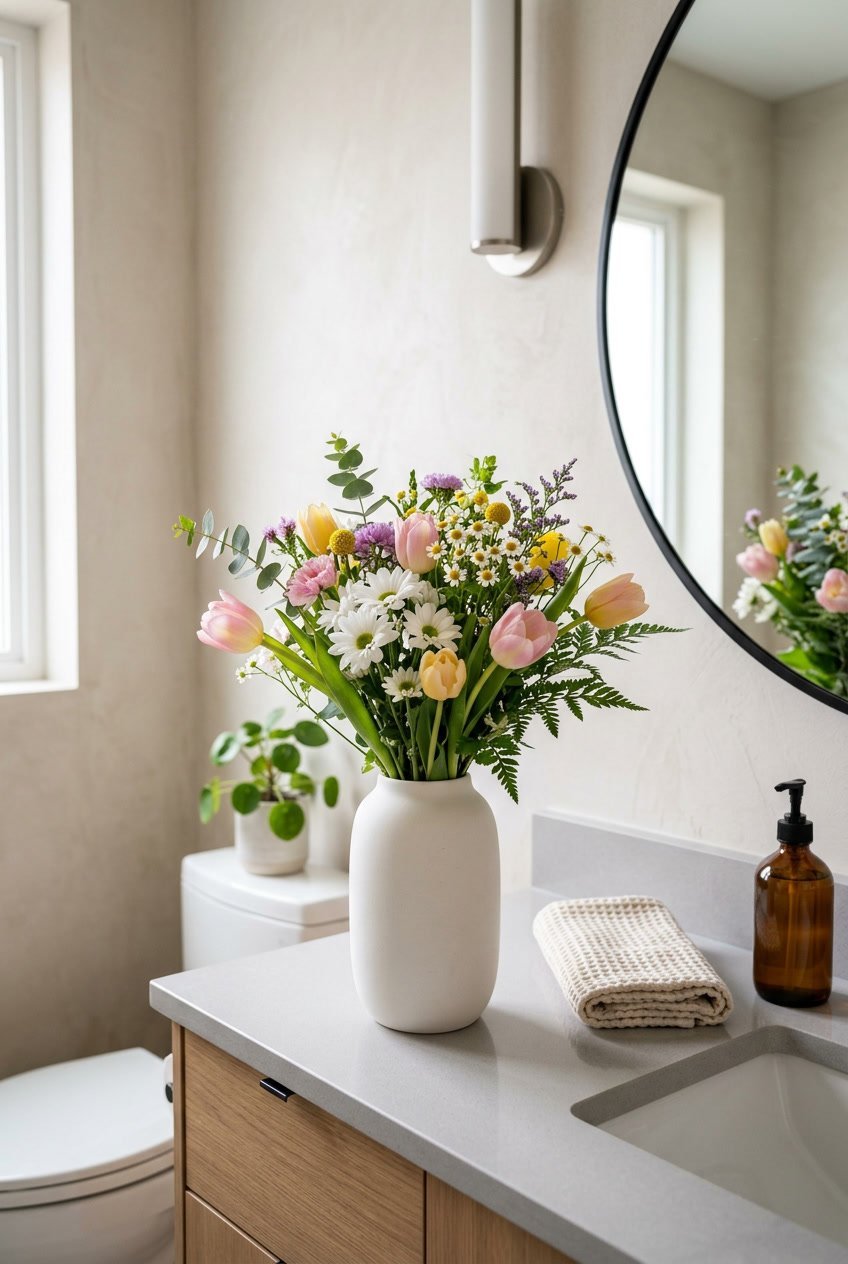 Eine freistehende Vase mit saisonalen Blumen steht in einem modernen Gäste-WC auf einer Ablage.
