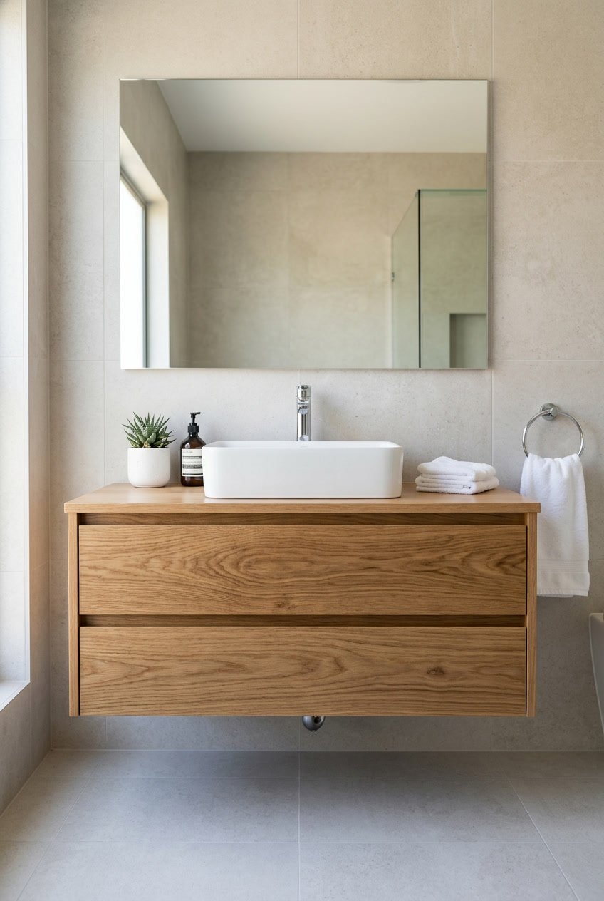 Schwebender Waschtischunterschrank aus Eiche in einem Gäste-WC mit Waschbecken und modernen Armaturen.