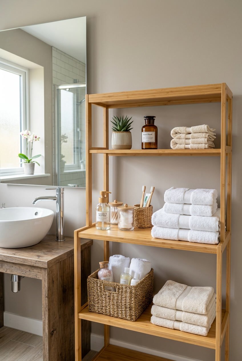 Ein Gäste-WC mit offenen Bambusregalen, die mit Handtüchern und Badezimmerutensilien gefüllt sind.