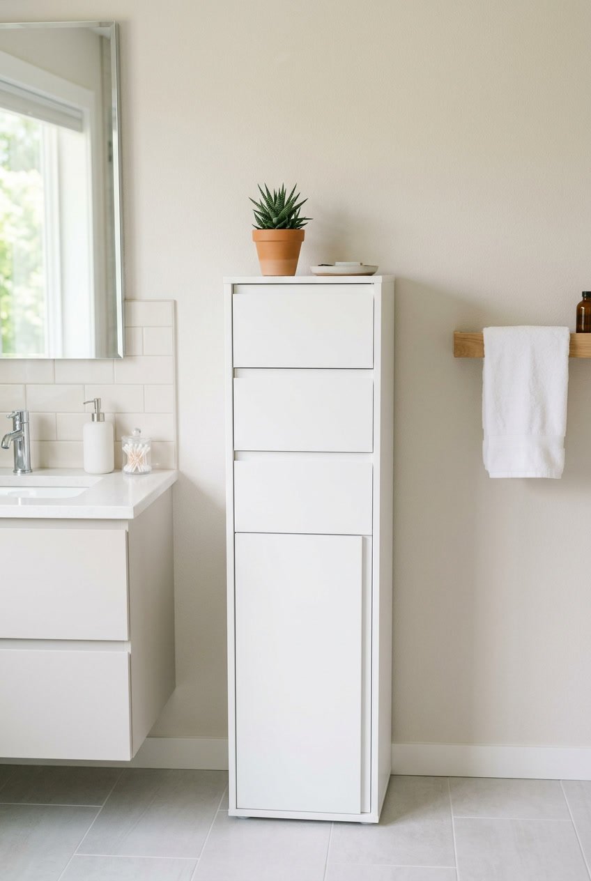 Ein hoher weißer Schrank in einem hellen Badezimmer mit einigen Badezimmeraccessoires.