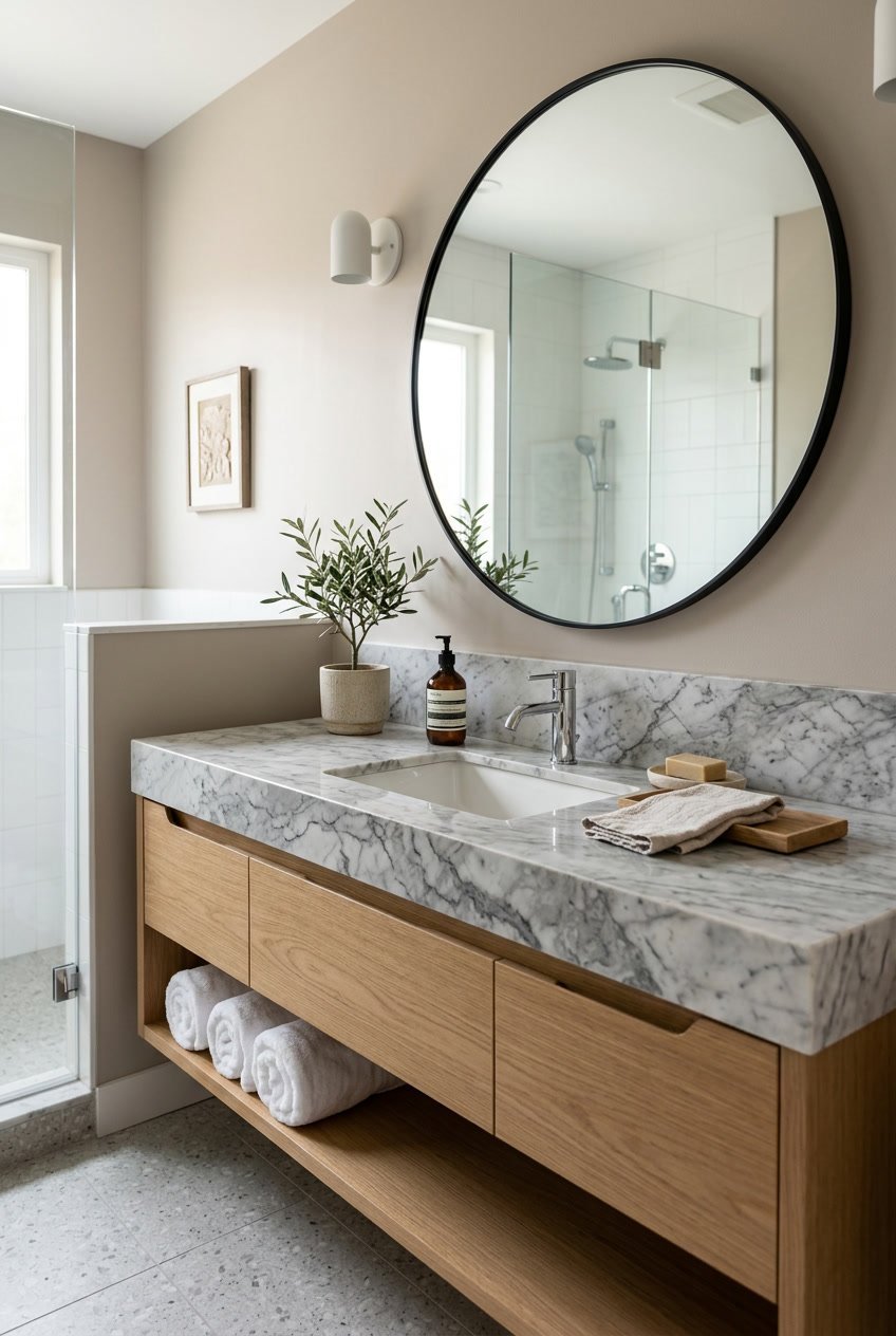 Gäste-WC mit Möbeln und einer Arbeitsplatte aus Naturstein, Spiegel und Pflanzen im Hintergrund.