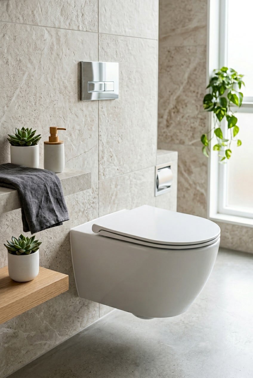 Wandhängende WC-Sitzbank mit Soft-Close-Funktion in einem Gäste-WC.