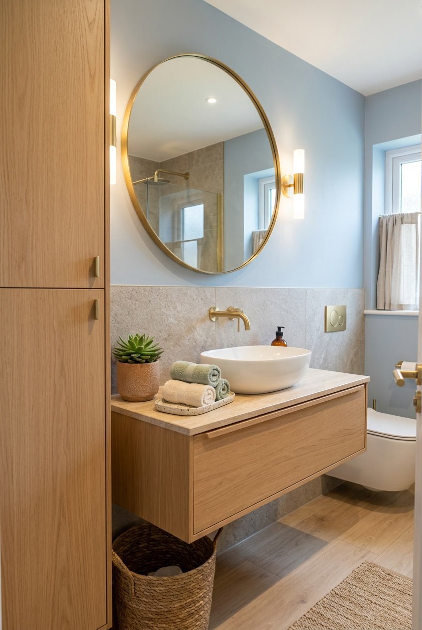 Ein modernes Gäste-WC mit Waschbecken, Spiegel, Schränken und dekorativen Elementen in warmem Licht.