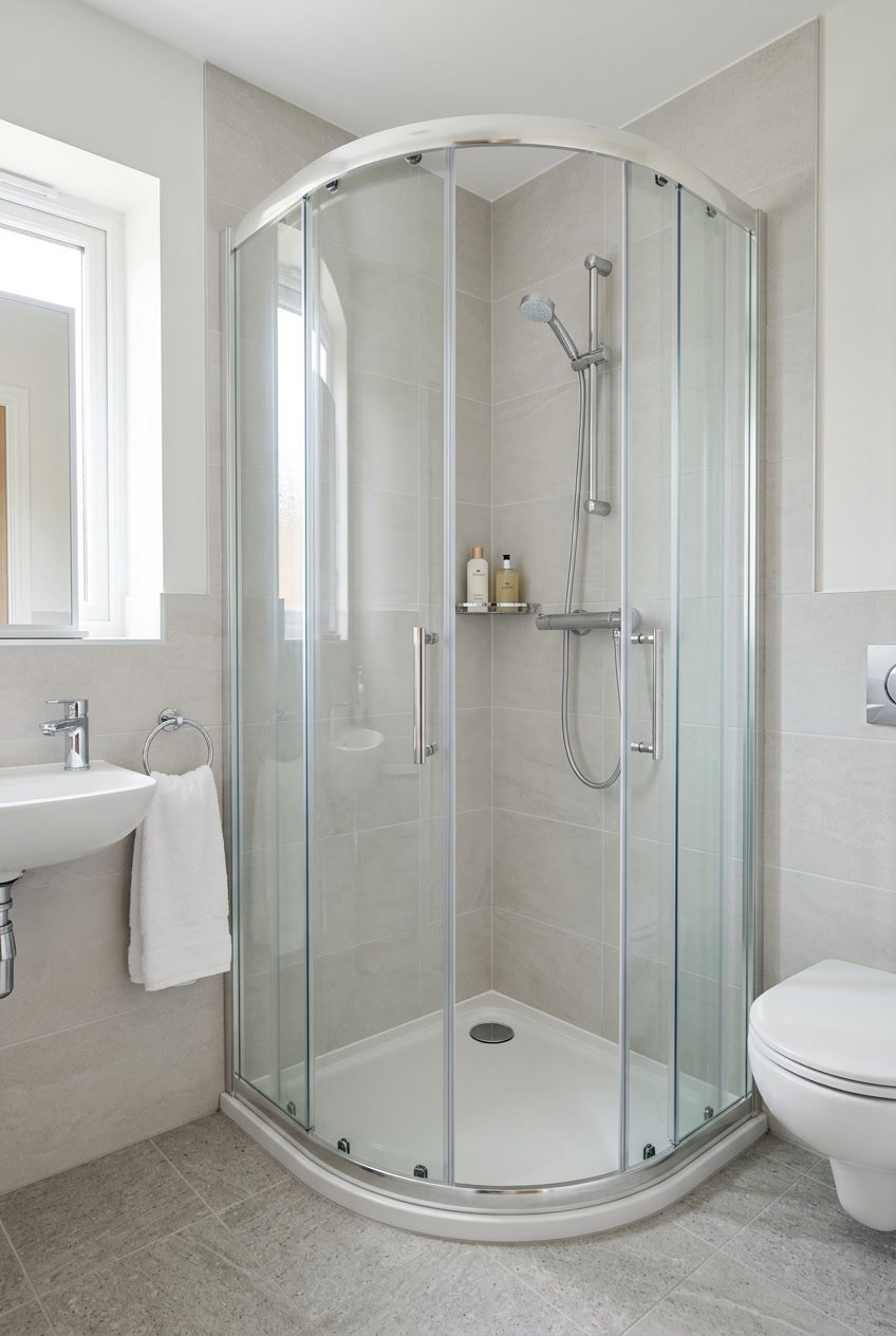 Kompakte Duschkabine mit Schiebetür in einem kleinen, modernen Gäste-WC.