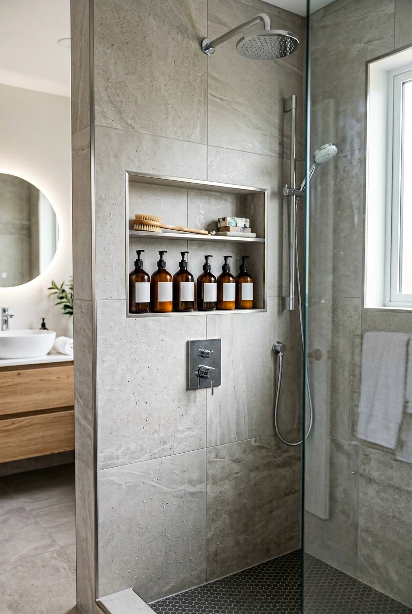 Ein modernes Gäste-WC mit Dusche und einer eingebauten Nische zur Aufbewahrung von Shampoo und Duschutensilien.