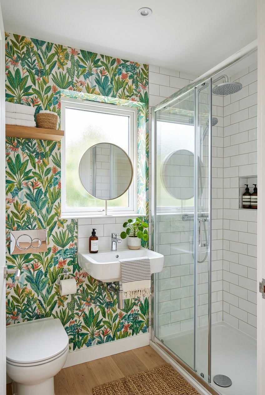 Helles Gäste-WC mit Dusche, bunten wasserfesten Tapeten und modernen Armaturen.