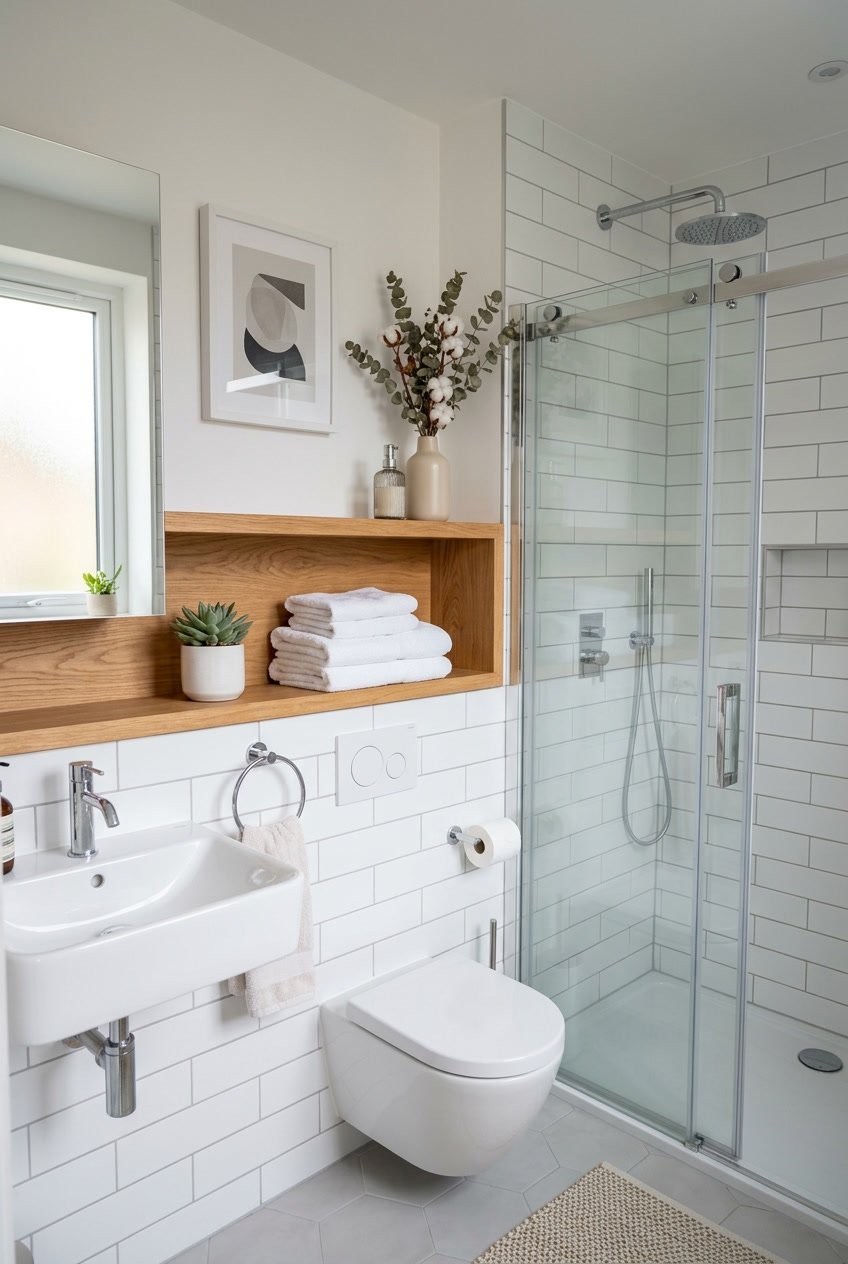 Gäste-WC mit Dusche und einer praktischen Holzablage für Handtücher und Dekoration.