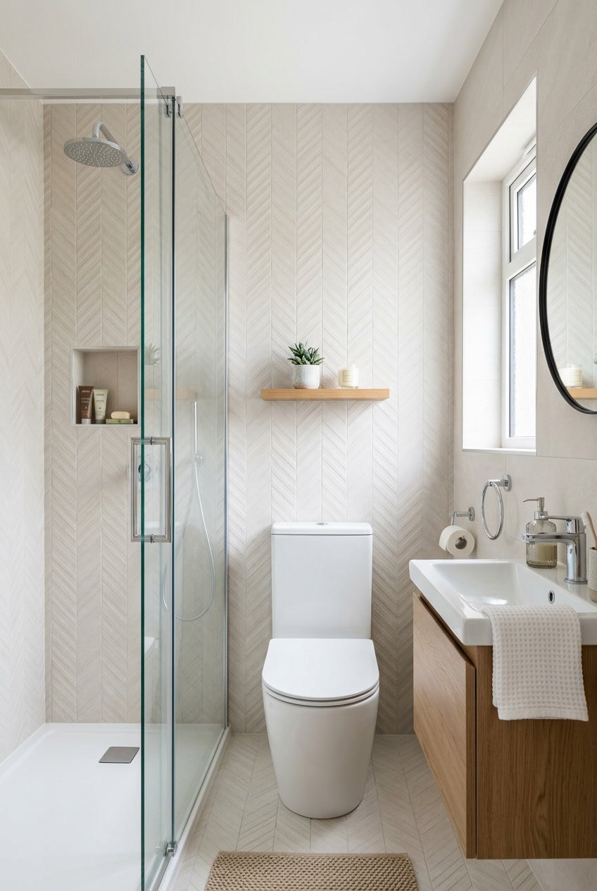 Kleines Gäste-WC mit Dusche, hellen gefliesten Wänden und moderner Ausstattung.