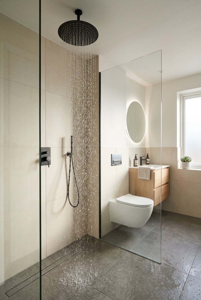 Moderner Badezimmerbereich mit Regendusche und Gäste-WC im Hintergrund.