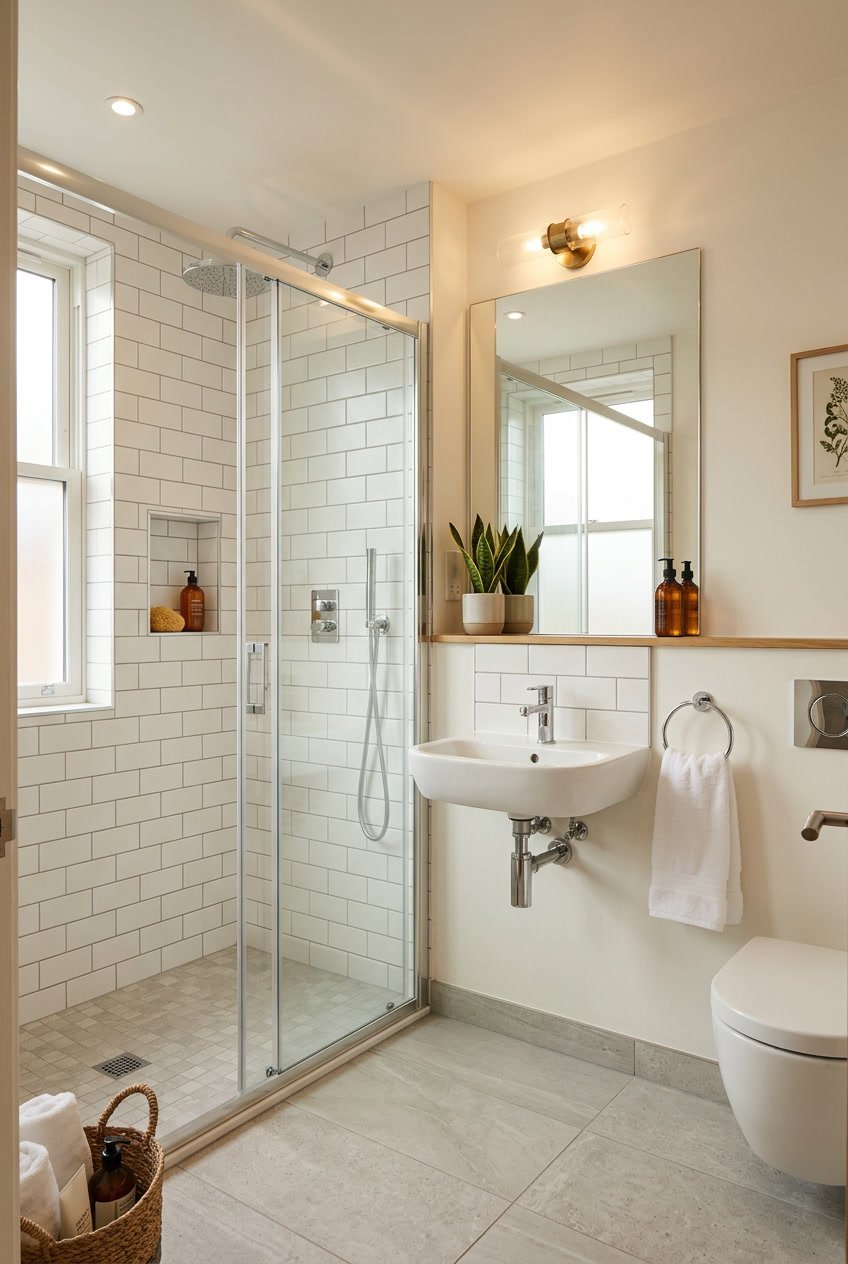 Kleines Gäste-WC mit begehbarer Dusche, Waschbecken, Spiegel und dekorativen Elementen.