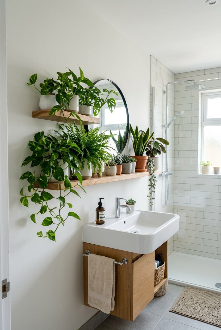 Gäste-WC mit einem Wandregal, das verschiedene grüne Zimmerpflanzen hält.
