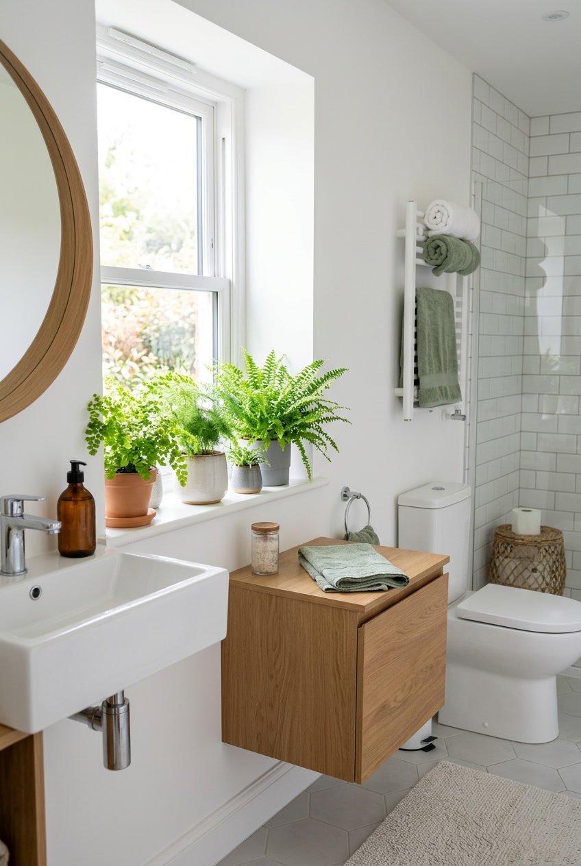 Gäste-WC mit kleinen Farnpflanzen auf der Fensterbank und grünen Akzenten.