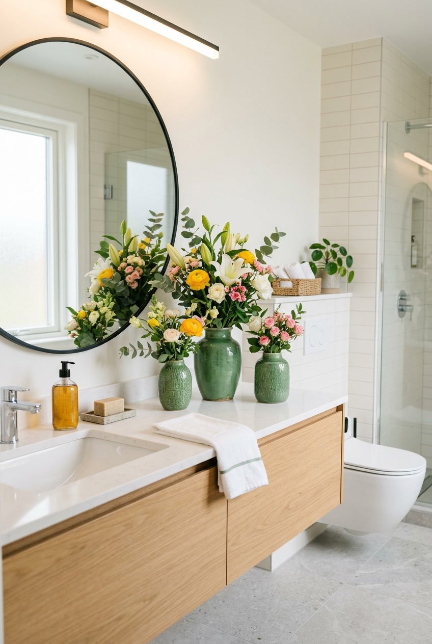 Gäste-WC mit grünen Keramikvasen, die frische Blumen enthalten, auf einer Ablage neben einem Waschbecken.