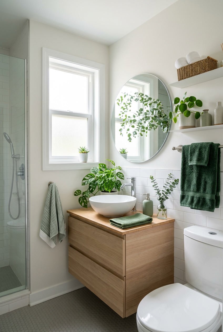 Ein modernes Gäste-WC mit weißen Sanitäranlagen und grünen Akzenten wie Pflanzen und Handtüchern.
