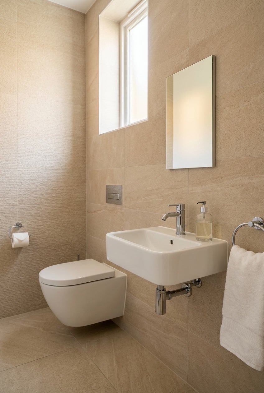 Gäste-WC mit beigen Fliesen an Wänden und Boden, weißem Wand-WC und weißem Waschbecken mit Spiegel.