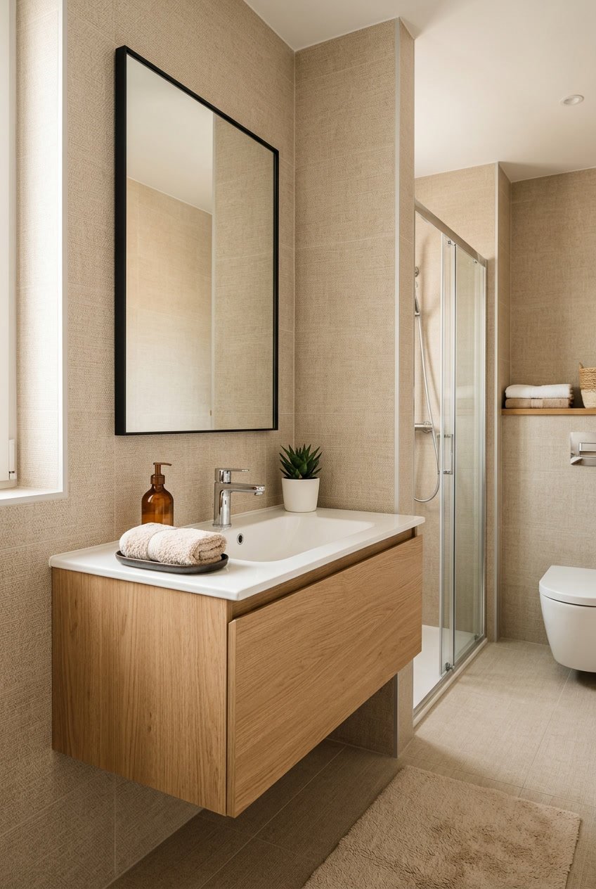 Ein modernes Gäste-WC mit beigen Fliesen und einem weißen Waschbecken.