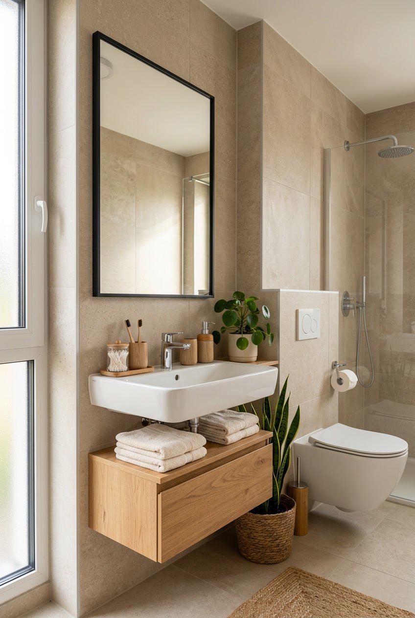 Gäste-WC mit beigen Fliesen, Holzoptik-Accessoires, weißem Waschbecken und grünen Pflanzen.