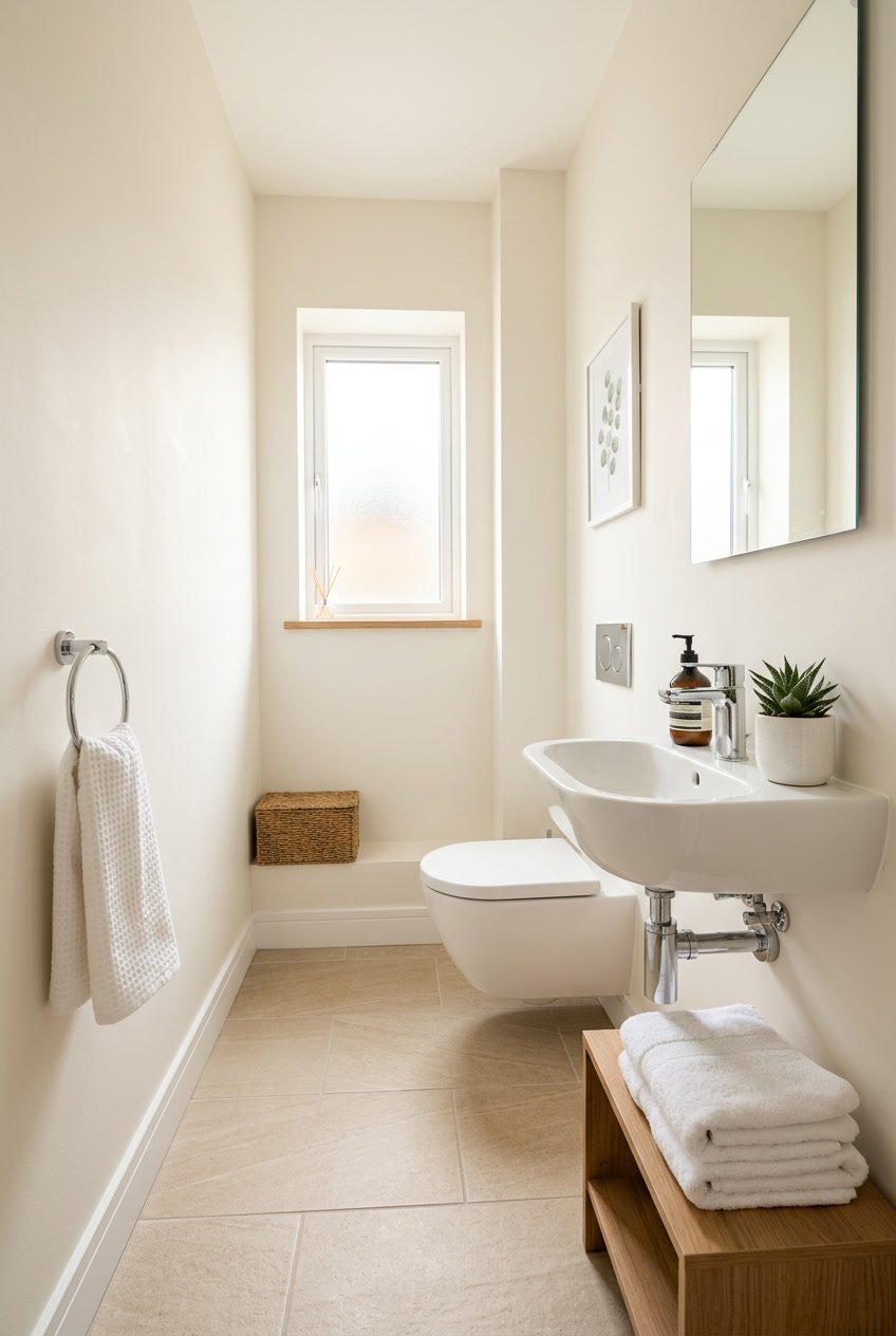 Kleines Gäste-WC mit beigen Bodenfliesen und hellen Wänden, ausgestattet mit einem weißen Waschbecken und einem kleinen Spiegel.