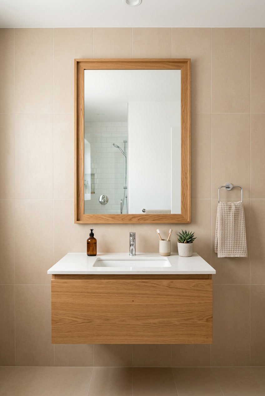 Spiegel mit Holzrahmen an einer Wand mit beigen Fliesen in einem Gäste-WC.