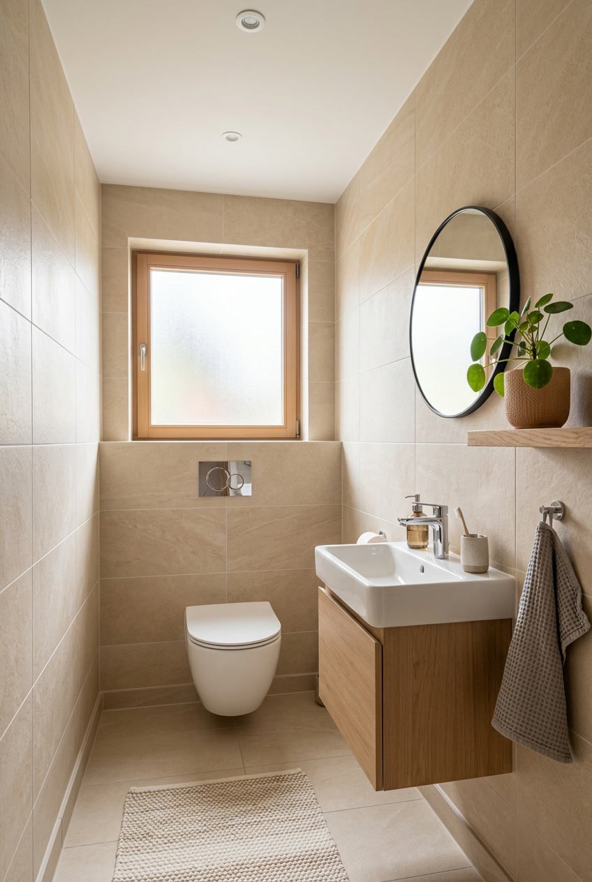 Kleines Gäste-WC mit beigen Fliesen an Wänden und Boden, weißer Toilette, Waschbecken und einem kleinen Pflanzenregal.