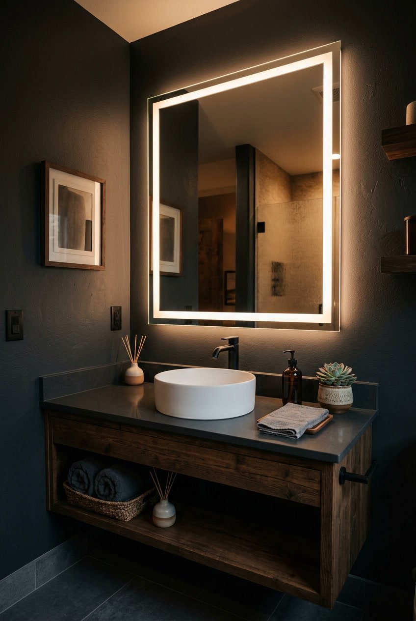 Ein dunkles Gäste-WC mit einem Spiegel, der einen sanft leuchtenden LED-Rahmen hat, und einer gemütlichen Atmosphäre.