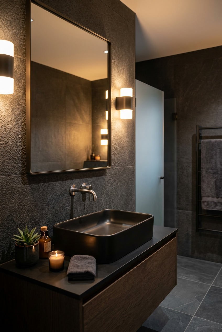 Gäste-WC mit schwarzem Keramik-Waschbecken in dunkler, atmosphärischer Gestaltung.