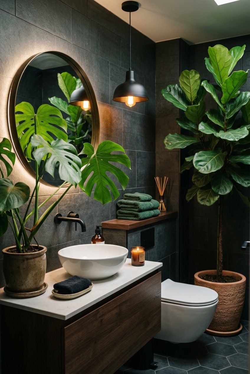 Kleines Gäste-WC mit großen grünen Pflanzen, dunklen Wänden und warmem Licht.