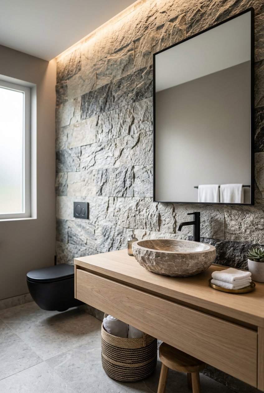 Gäste-WC mit Wand aus strukturierten Steinfliesen und einem Steinwaschbecken auf einem modernen Waschtisch.