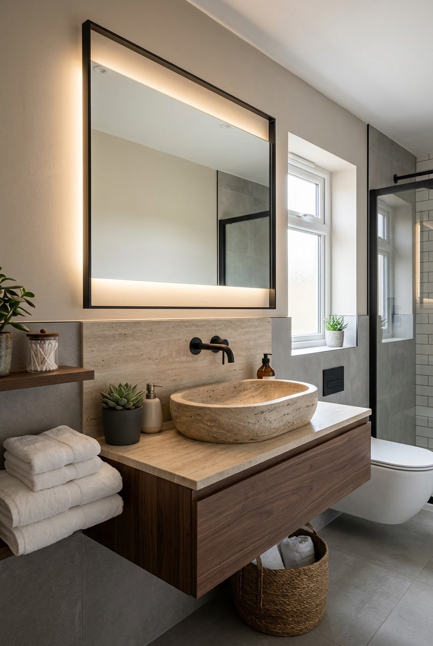 Kompaktes Gäste-WC mit einem modernen Stein-Waschbecken und integriertem Spiegel.