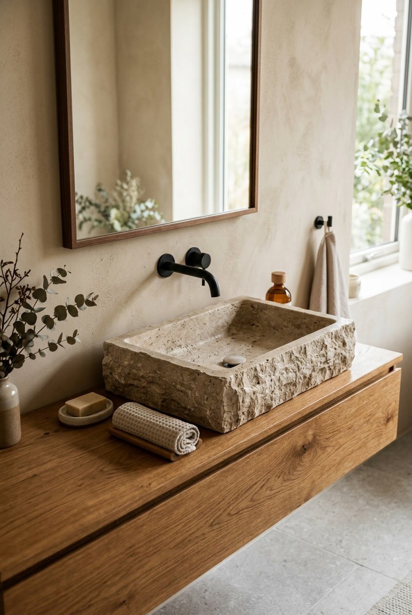 Gäste-WC mit einem Steinwaschbecken und warmen Holzelementen.