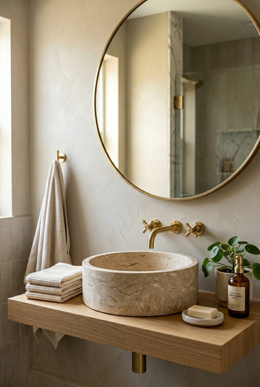 Ein Gäste-WC mit einem beigen Kalkstein-Waschbecken und goldfarbenen Armaturen.