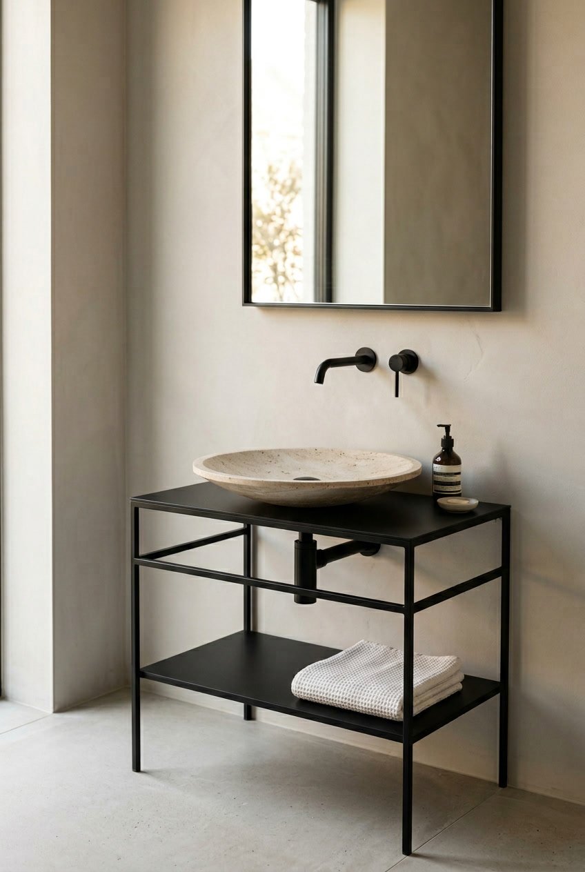 Ein schlichtes Naturstein-Waschbecken auf einer Metallkonsole in einem Gäste-WC.