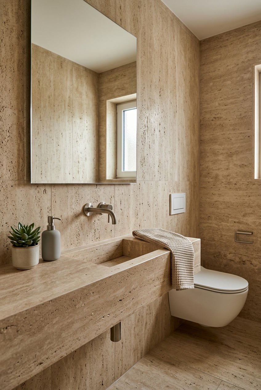 Kleines Gäste-WC mit Steinfliesen an Wänden und Boden sowie integriertem Waschbecken.