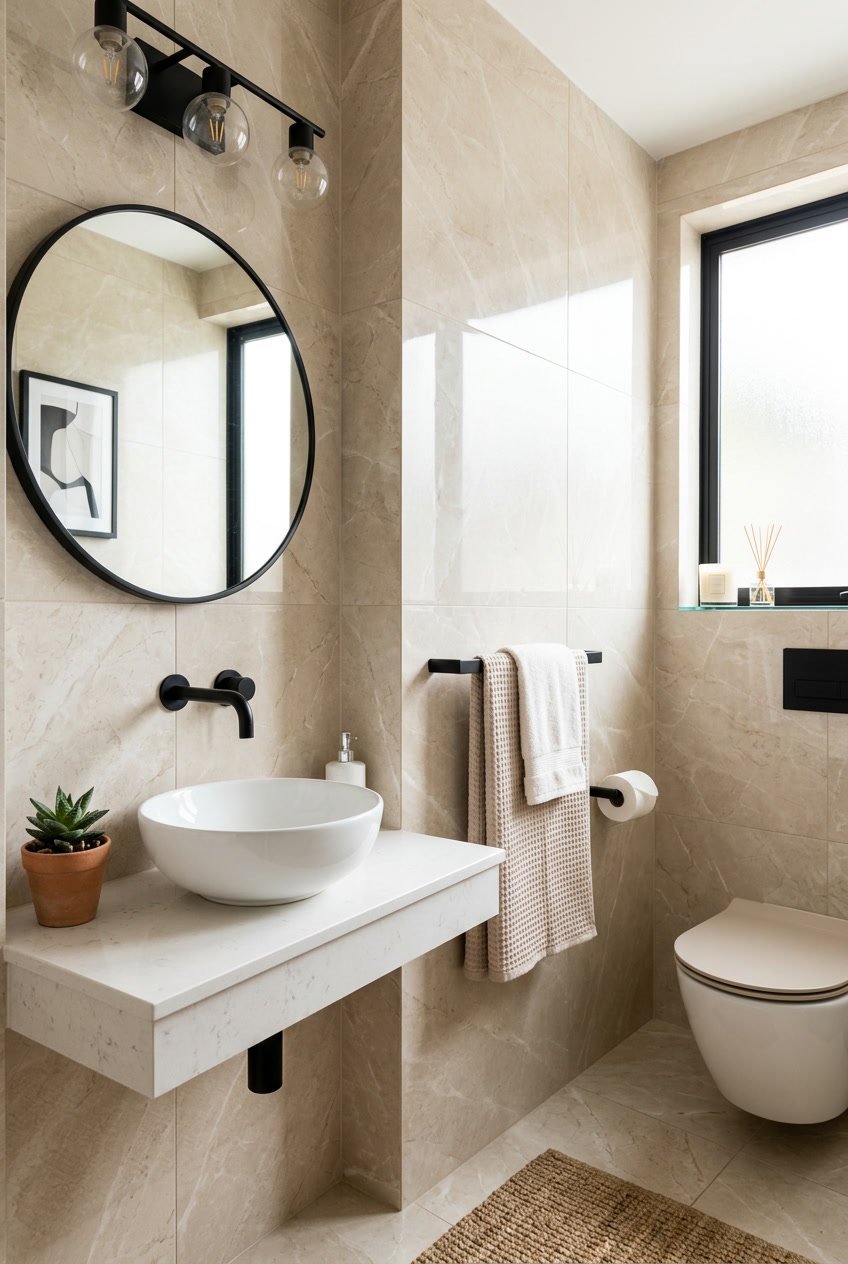 Gäste-WC mit beigen Fliesen und schwarzen Armaturen, sauber und modern eingerichtet.