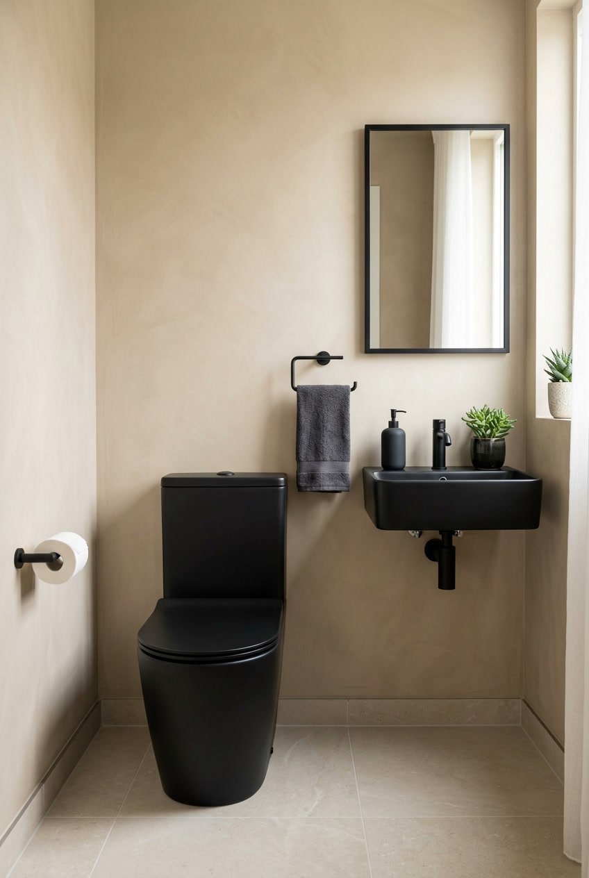 Ein schwarzes WC mit schlankem Design in einem Gäste-WC mit beigen Wänden und schwarzen Akzenten.