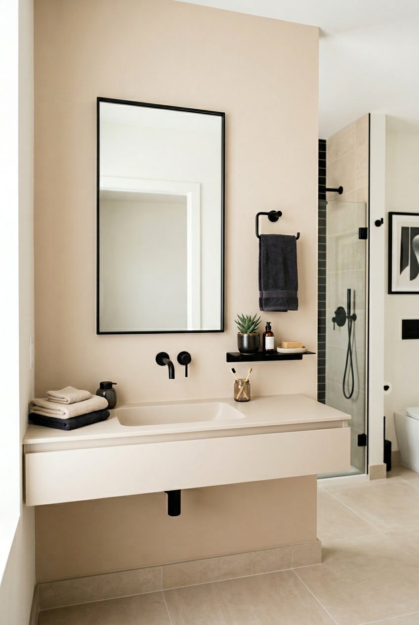 Gäste-WC mit rechteckigem Spiegel in schwarzem Metallrahmen, beige Wände und schwarze Armaturen.