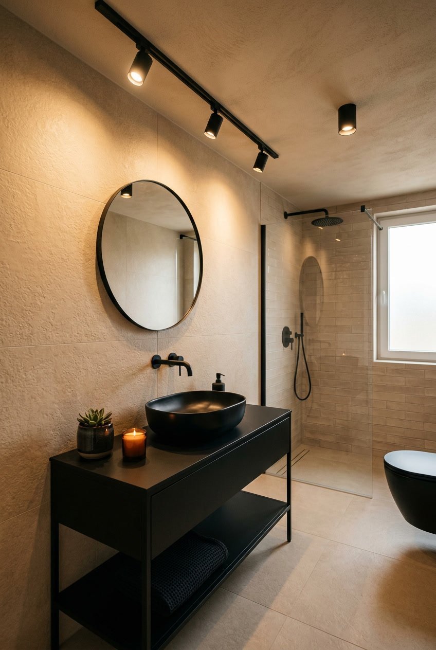 Gäste-WC mit schwarzen Lichtschienen, dimmbaren Spots, beigen Wänden und schwarzen Armaturen.