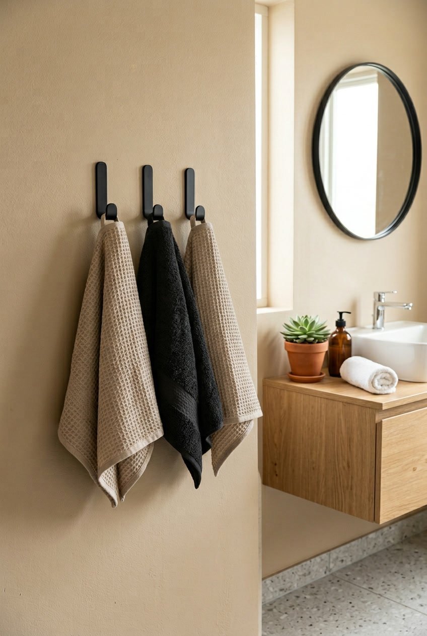 Gäste-WC mit schwarzen Handtuchhaken an beiger Wand und dekorativ aufgehängten Handtüchern.