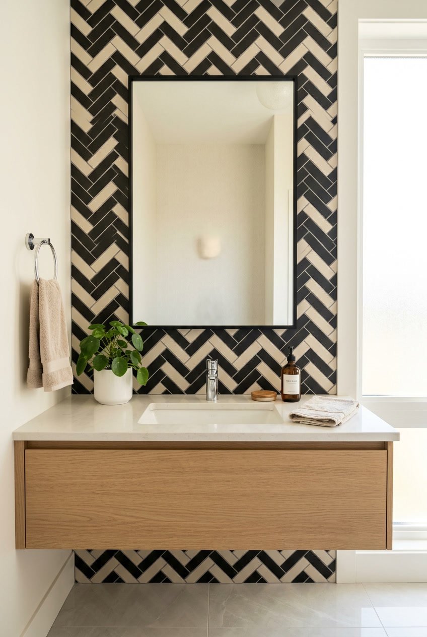 Gäste-WC mit schwarz-beigem Fliesenspiegel im Fischgrätmuster und weißem Waschbecken.