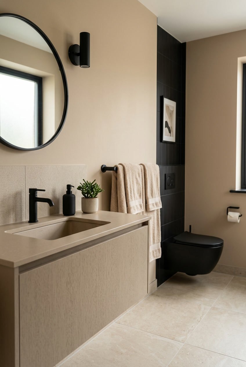 Ein modernes Gäste-WC mit beigen Wänden und schwarzen Armaturen, einem Waschbecken und dekorativen Elementen.